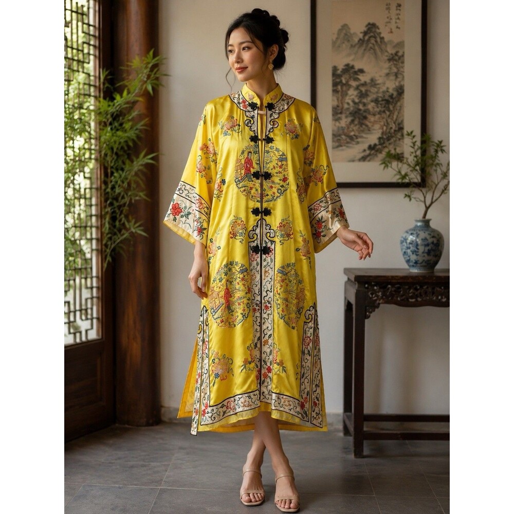 (W2) Vtg BAI HUA 1940 50s Chinese Embroidered Warrior Silk Floral Robe Jacket,L